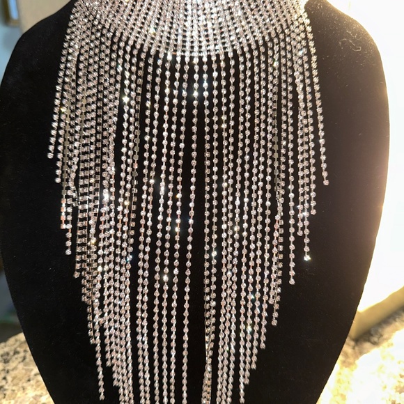 Style 60s Era Clear Rhinestone Drippy Bib Waterfall Necklace Silver 14" - Picture 6 of 7